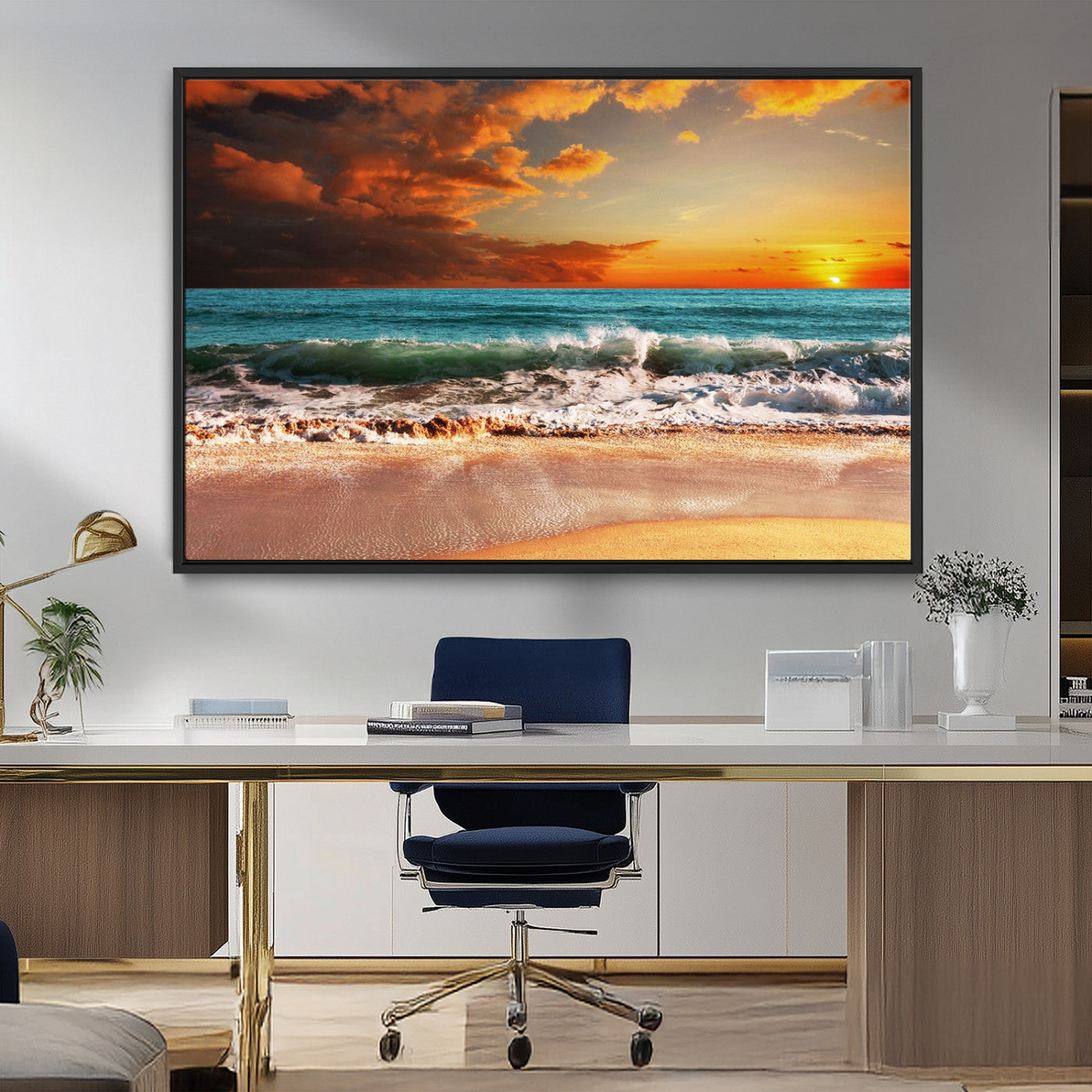 MGV-FC-36X24 - Golden Sunset Beach Canvas Wall Art – Triptych Seascape Print – Framed and Ready to Hang for Living Room or Office