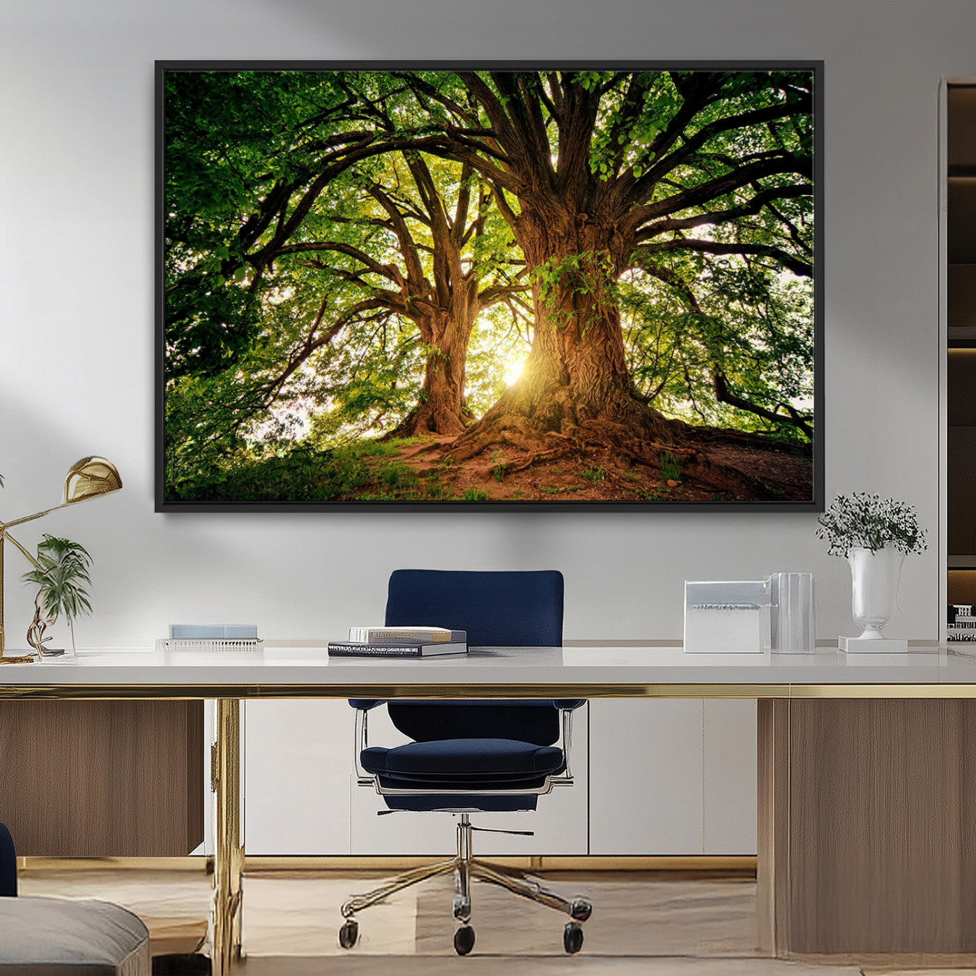 MGV-FC-36X24 - Majestic Ancient Tree Wall Art, Nature-Inspired Canvas Print, Woodland Art, Tree of Life Artwork, Sunlit Forest, Giclee Nature Print