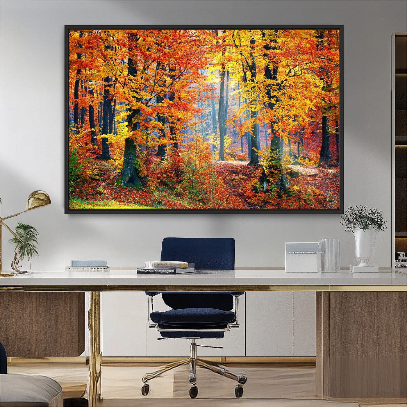 MGV-FC-36X24 - Autumn Red Forest Triptych Canvas Wall Art Print, Forest Wall Decor, Fall Landscape Art | Season Nature Landscape for Home or Office