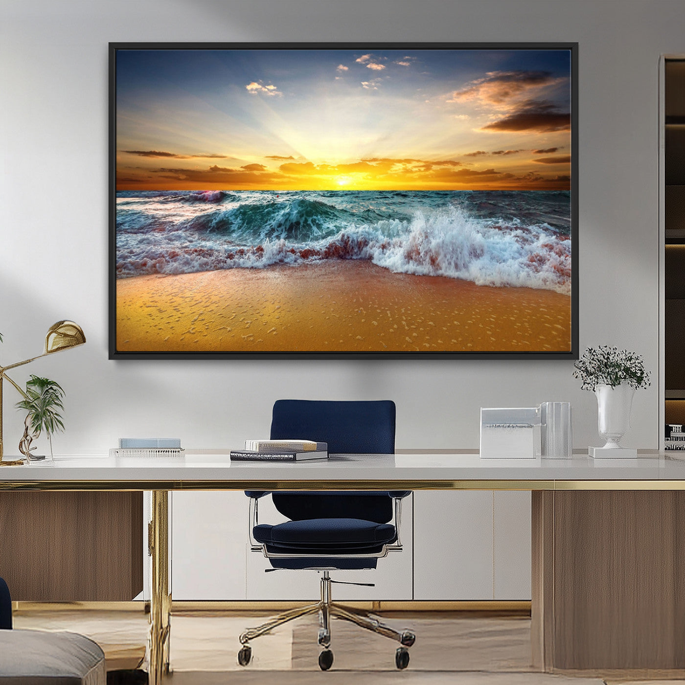 MGV-FC-36X24 - Golden Sunset Ocean Waves Wall Art Canvas Print – Multi Panel Beach Canvas Print Set – Large Coastal Triptych Print for Home or Farmhouse Decor