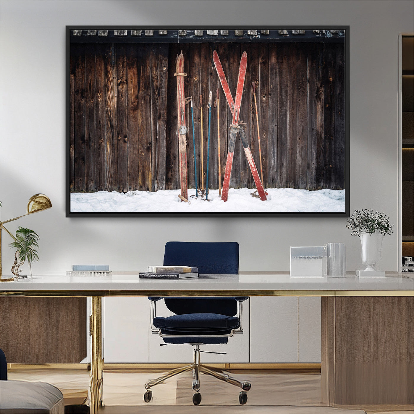 MGV-FC-36X24 - Vintage Ski Gear Against Wooden Cabin Wall, Rustic Winter Sports Equipment Canvas Print, Ready to Hang Wall Art, Perfect for Lodge or Ski Cabin Decor