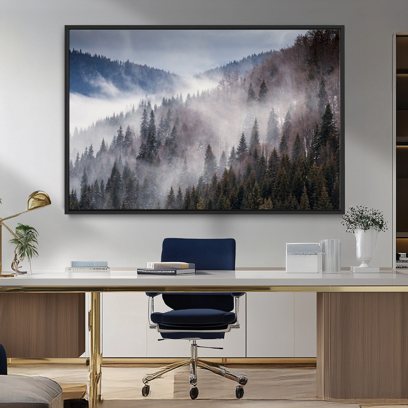 MGV-FC-36X24 - Beautiful Rising Fog in Winter Mountain Landscape - Framed Rising Fog in Winter Mountain Canvas