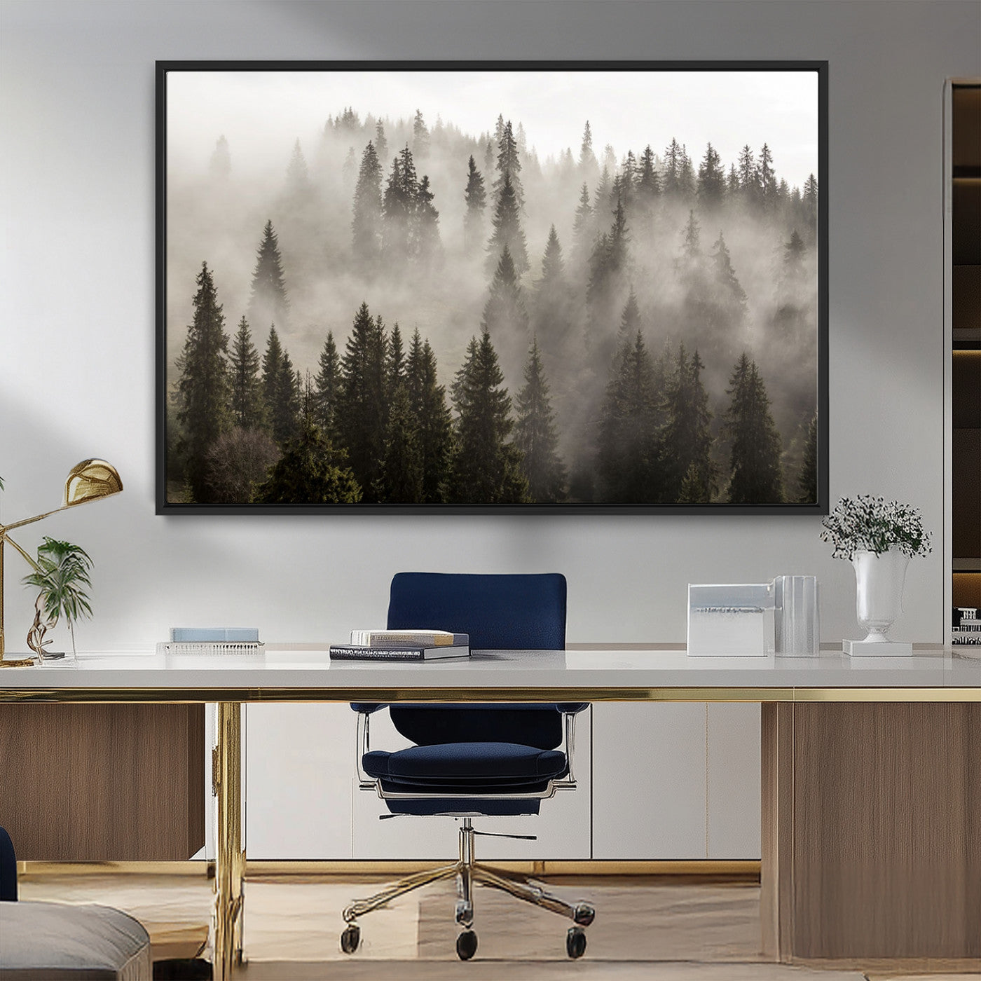 MGV-FC-36X24 - Foggy Mountain Wall Art | 3-Panel Foggy Forest and Mountain Landscape | Large Giclee Print for