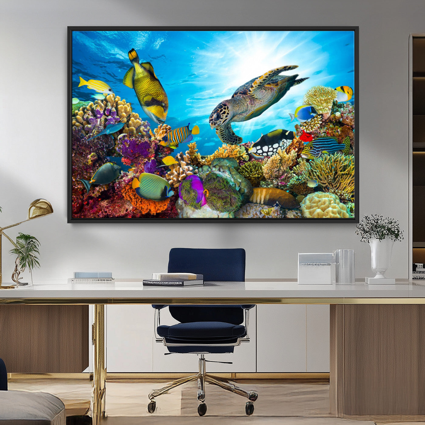 MGV-FC-36X24 - Sea Turtle Coral Reef Wall Art Print – Colorful Underwater Canvas Print – Tropical Ocean Marine Life Artwork – Perfect for Coastal Home Decor