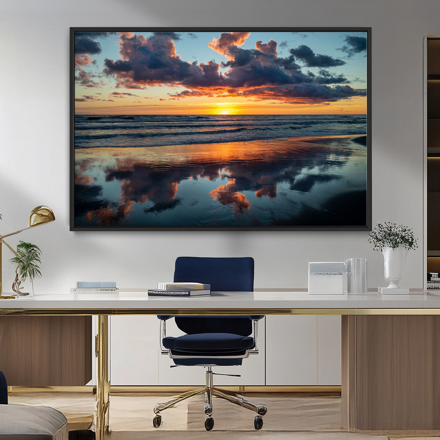 MGV-FC-36X24 - Beach Sunset Print - Stunning Ocean Canvas Artwork with Sunset Reflection Design for Elegant Home or