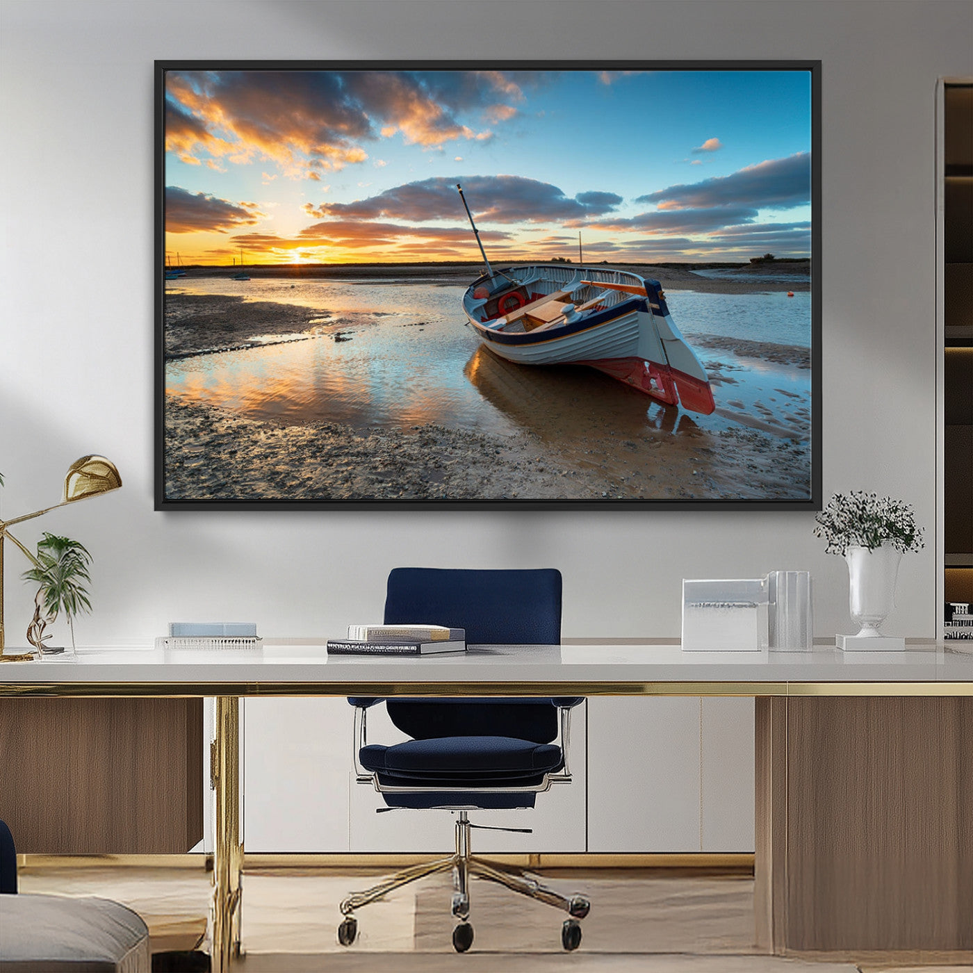 MGV-FC-36X24 - Small Boat At The Beach Sunset Wall Art, Boat Sunset Wall Art Canvas Print