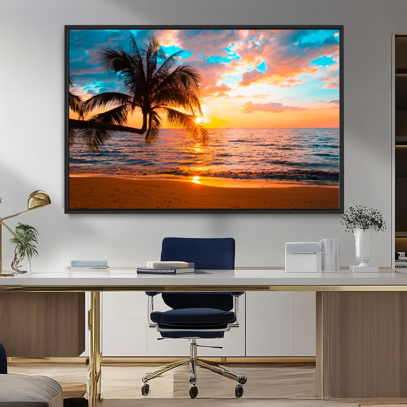 34674-MGV-FC-36X24_Black-Palm Tree Sunset On The Beach Wall Art Canvas, Framed Palm Tree Sunset Canvas Print