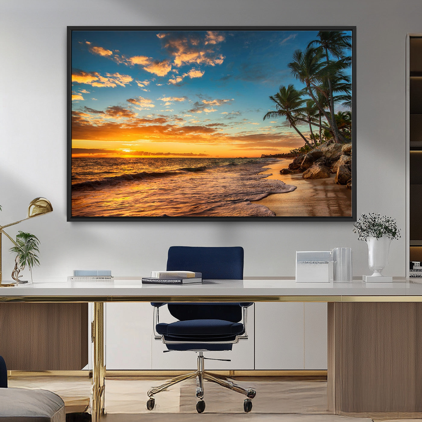MGV-FC-36X24 - Tropical Beach Sunset Wall Art Print – Palm Tree Coastal Canvas Print – Ocean Seascape Artwork – Perfect for Tropical Modern Home Decor