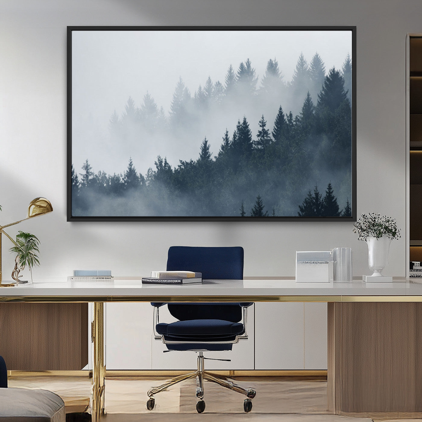 MGV-FC-36X24 - Misty Forest Wall Art Print – Foggy Pine Tree Canvas Print – Dark Woodland Nature Artwork – Perfect for Minimalist and Modern Home Decor