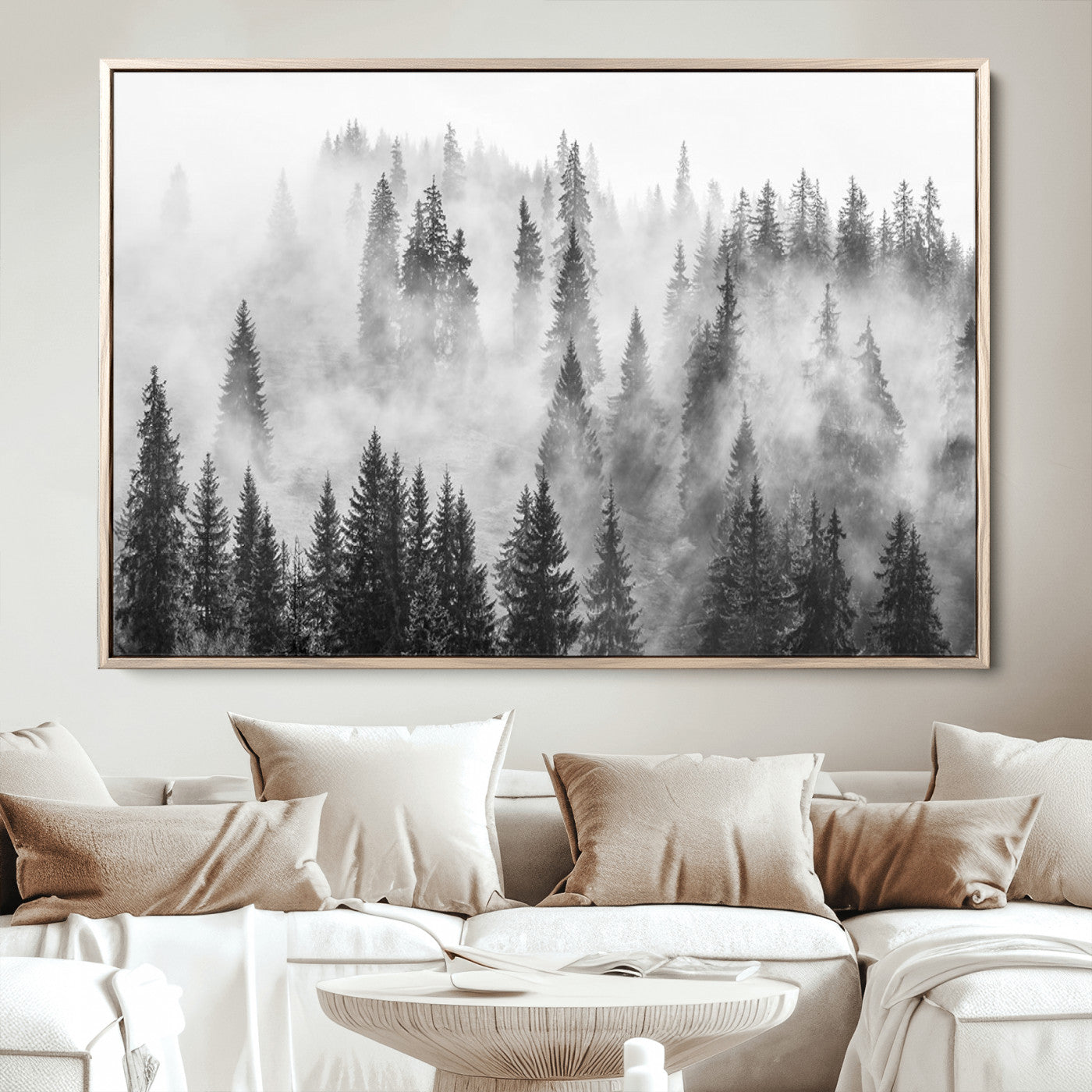 10422-MGV-CV-36X24-Forest Wall Art Print | Foggy Pine Forest Canvas Wall Art - Black and White Nature Decor for Living Room