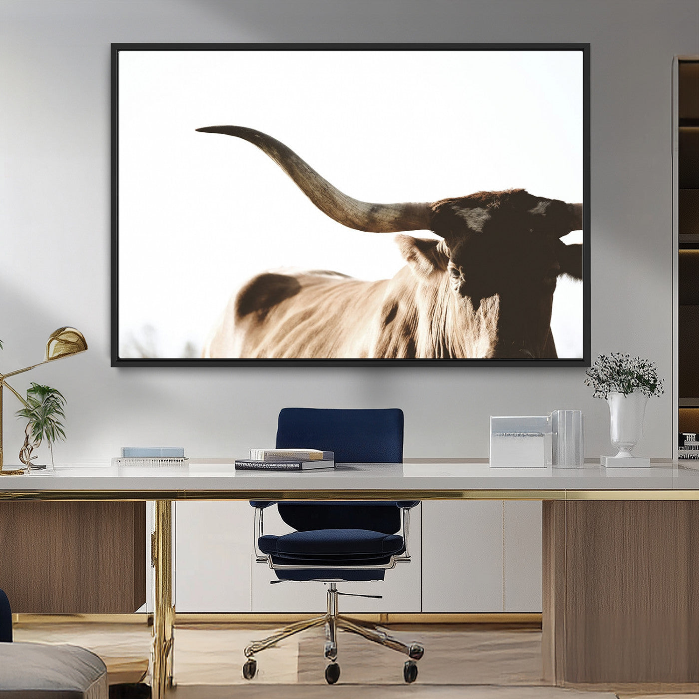 MGV-FC-36X24 - Texas Longhorn Wall Art Canvas Print | 3-Panel Large Longhorn Canvas Print for Living Room, Framed Gallery Wrap Office, Rustic Western Cowboy Decor