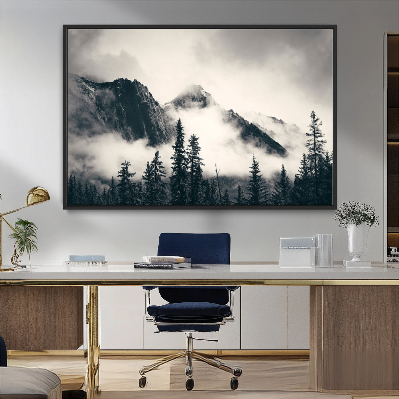 MGV-FC-36X24 - Large Foggy Mountain Forest Wall Art Canvas Print | Misty Mountain Peaks and Pine Trees Print | Framed Gallery Wrap | Rustic Nature Farmhouse Decor