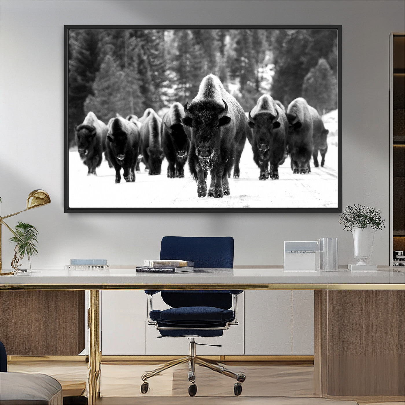 62434-MGV-FC-36X24_Black-Bison Herd in Snow Wall Art Canvas Print | Rustic Western Bison Wall Art for Decor for Living Room,
