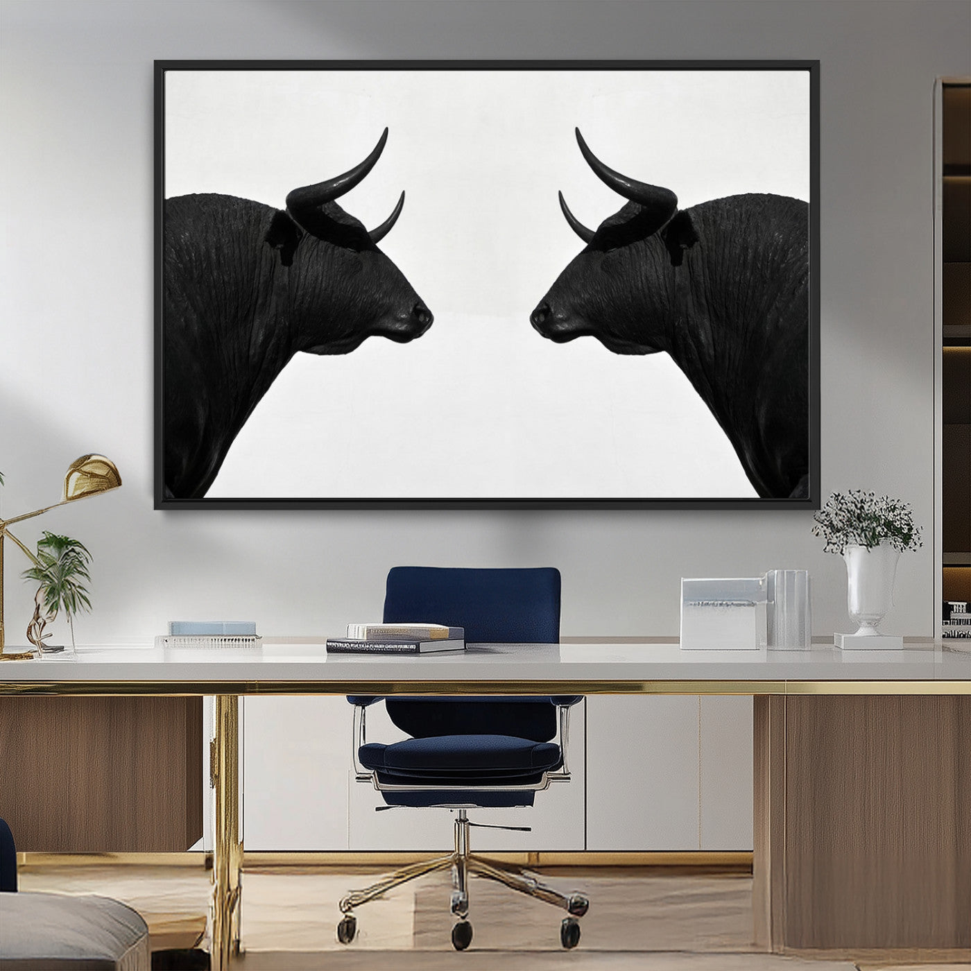 16038-MGV-FC-36X24_Black-Spanish Bull Art - Framed Black and White Bull Canvas Print for Modern Rustic Home or Office Decor