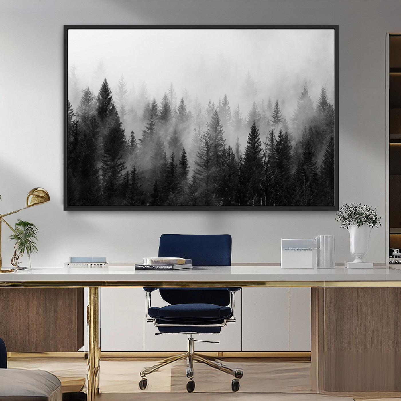 MGV-FC-36X24 - Foggy Black and White Forest Wall Art, 3 Panel Misty Pine Trees Canvas Print for Living Room, Office, or Bedroom, Nature-Inspired Woodland Wall Decor