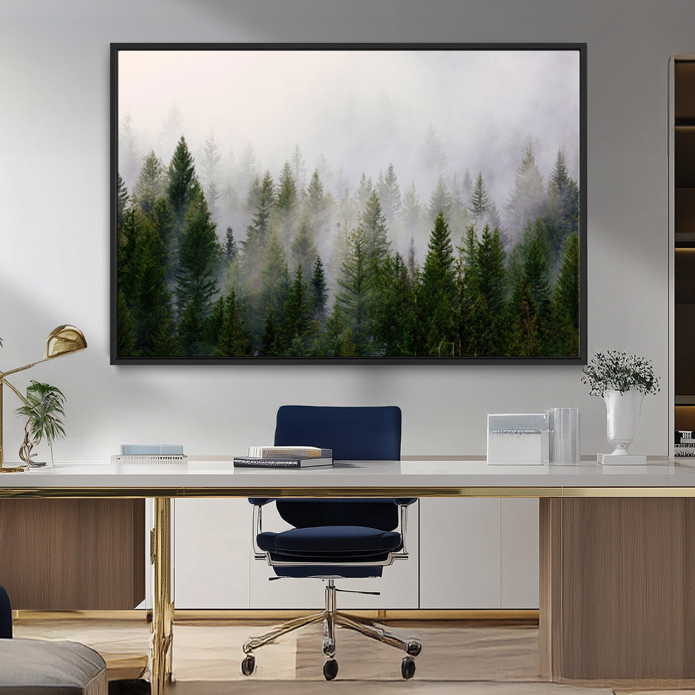 MGV-FC-36X24 - Misty Pine Forest Wall Art Canvas Print | 3 Panel Green Woodland Canvas Print for Living Room, Office, or Dining Room | Nature Foggy Forest Decor