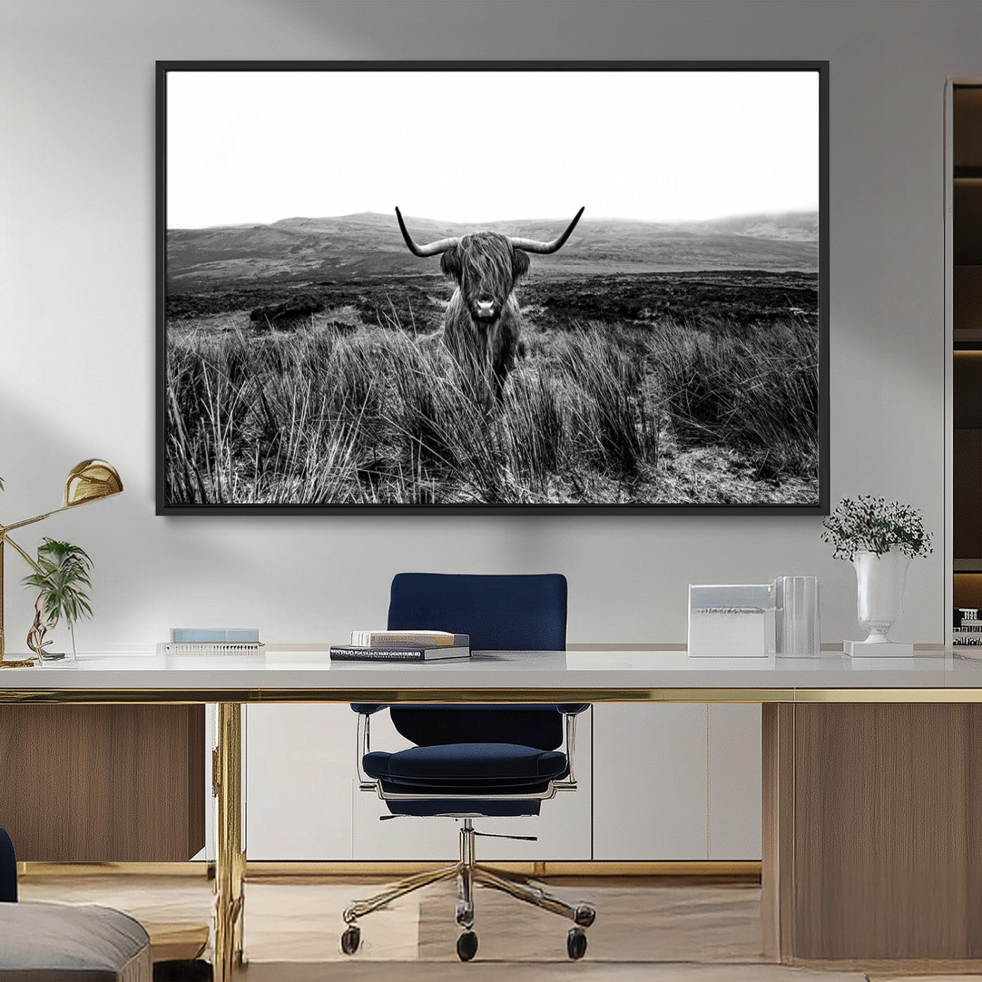 MGV-FC-36X24 - Black and White Highland Cow Canvas Wall Art, Longhorn Triptych Western Wall Decor for Cabin -