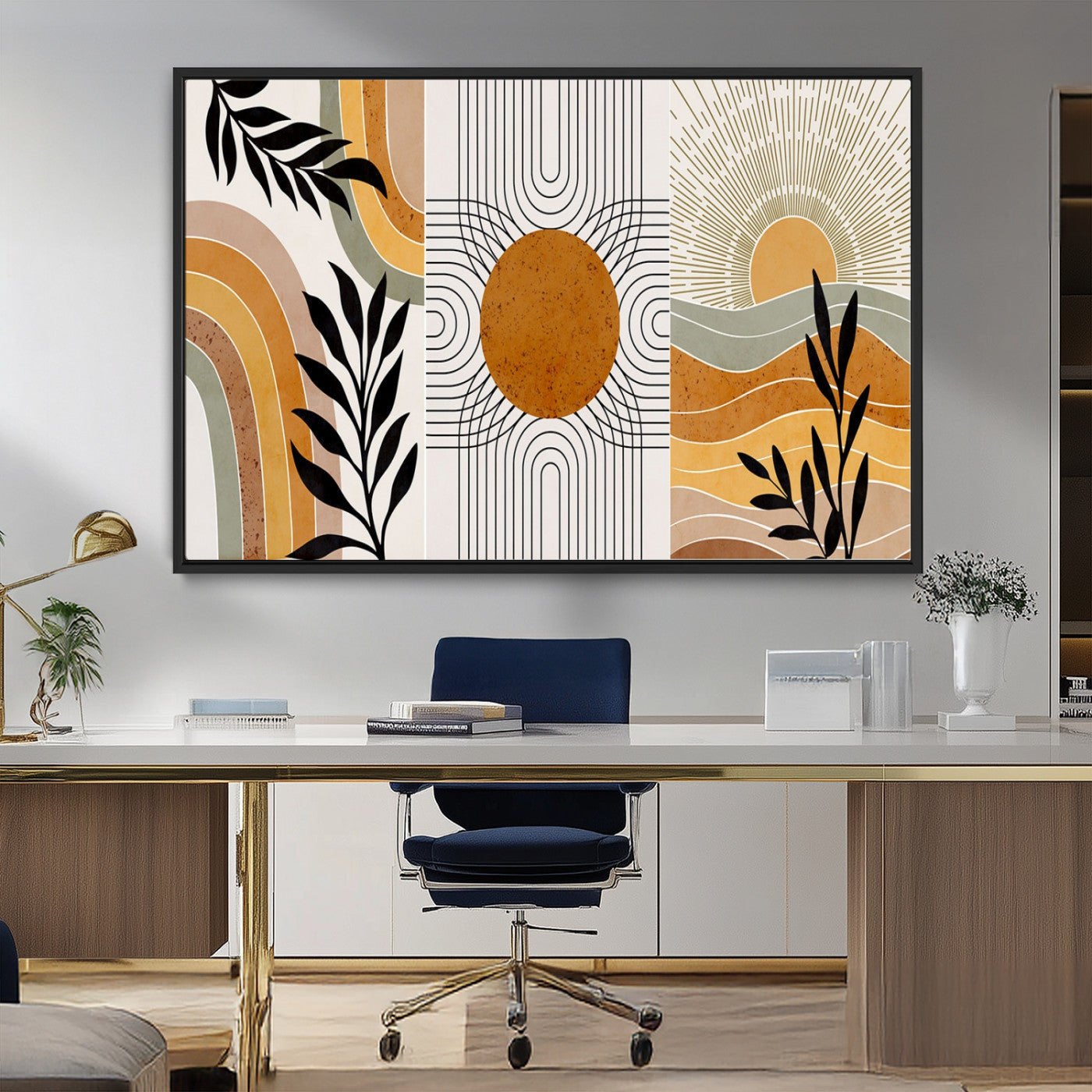 MGV-FC-36X24 - Modern Boho Sun and Leaf Abstract Art – 3-Panel Giclée Canvas for Mid-Century Modern or Bohemian