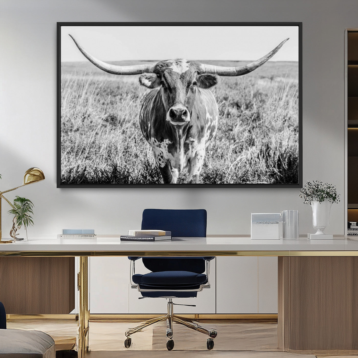 MGV-FC-36X24 - Texas Cow Longhorn Wall Art Canvas Print for Farm House Wall Decor, Farmhouse Wall Art Print