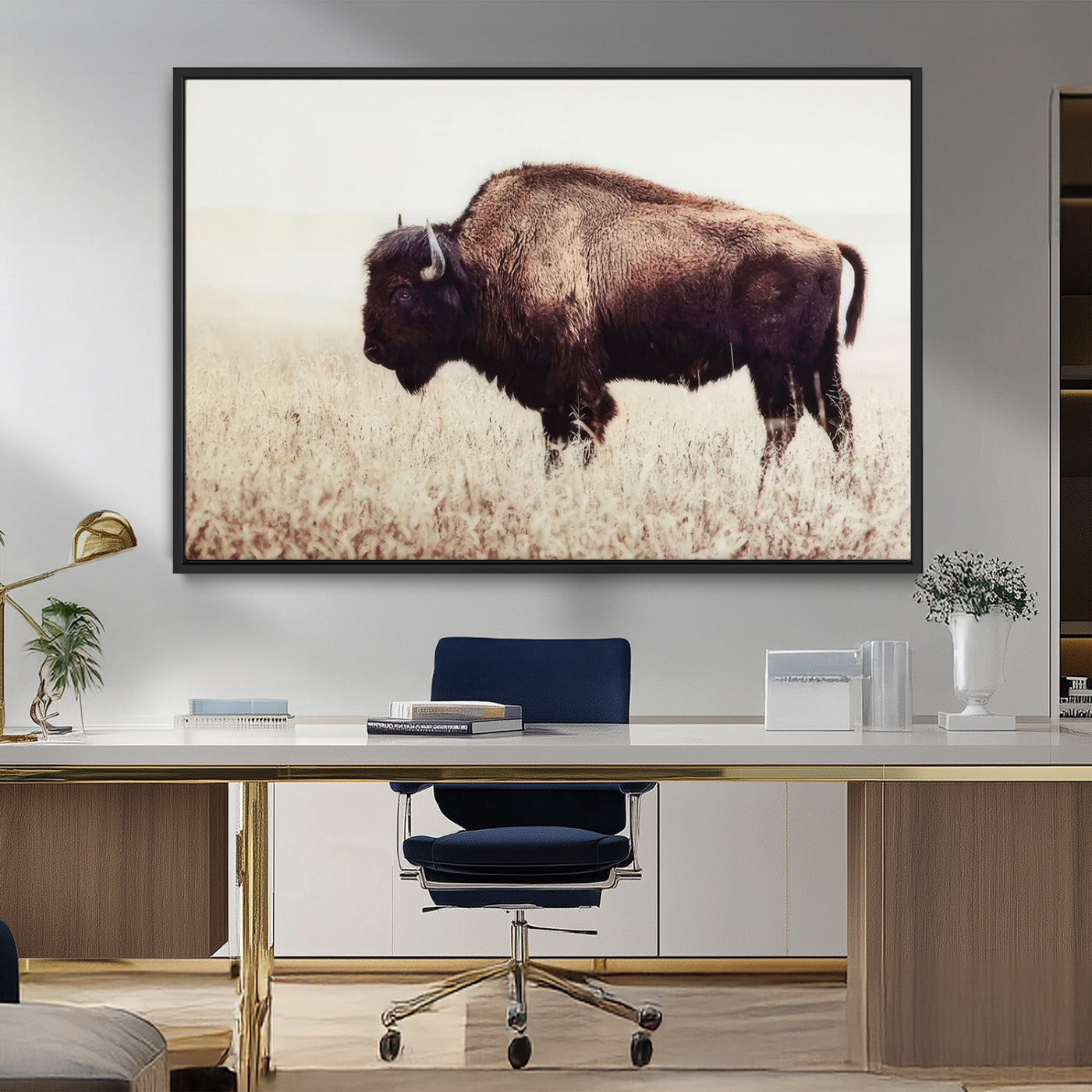MGV-FC-36X24 - Bison in Field Wall Art Canvas Print For Farmhouse Barn Decor