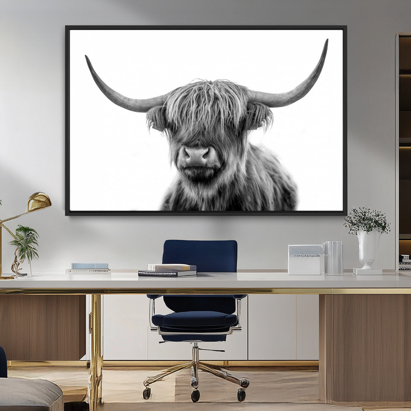 MGV-FC-36X24 - Grayscale Scottish Highland Cow Cattle Art Print Farmhouse Wall Art Canvas Print
