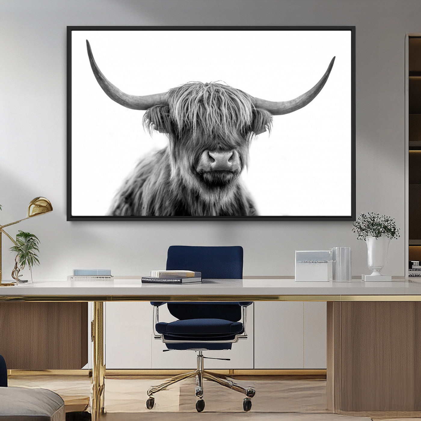 MGV-FC-36X24 - Scottish Highland Cow Cattle Art Print Wall Art Canvas Print for Farmhouse Decor, Framed Scottish