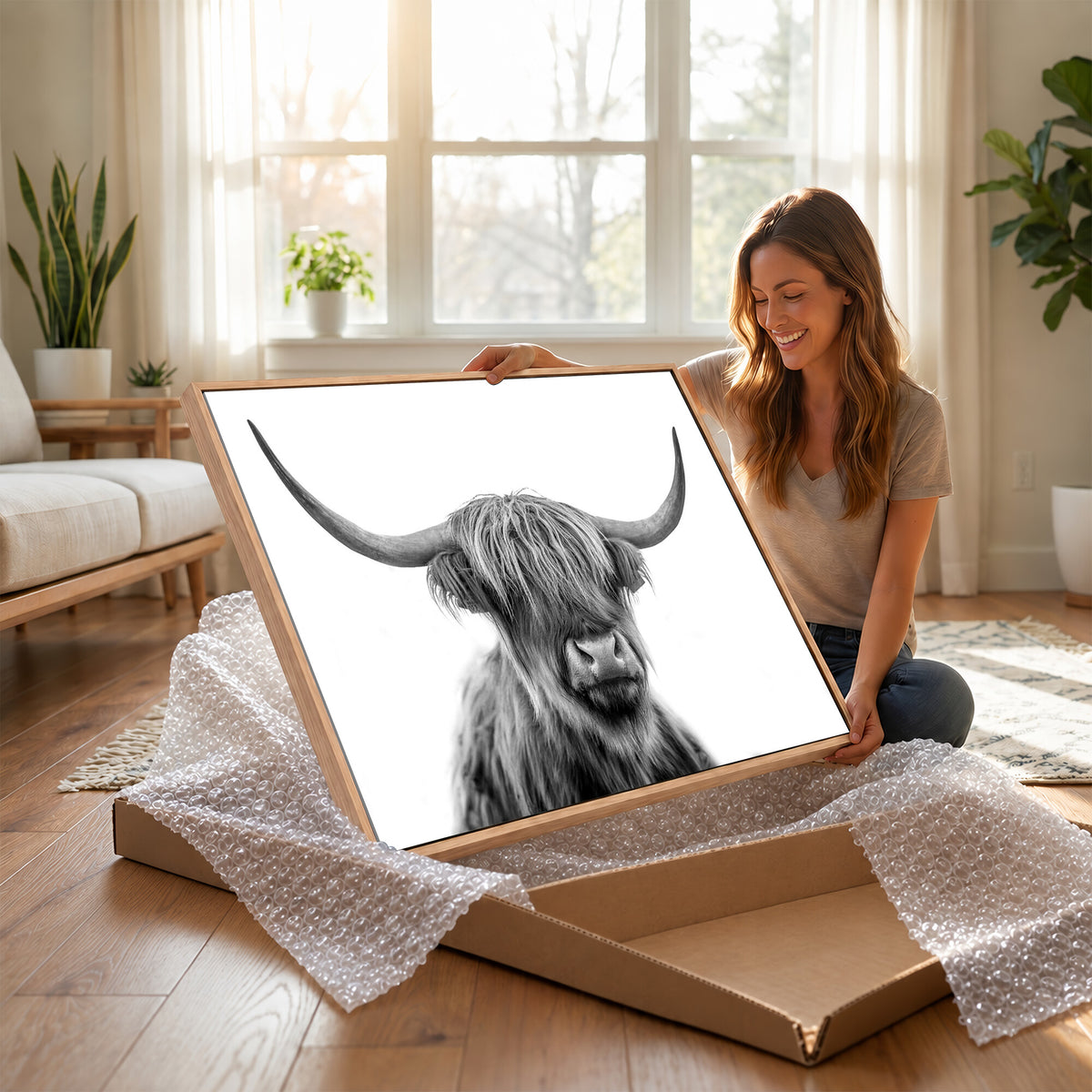 75503-_Poster-30x20 - Scottish Highland Cow Cattle Art Print Wall Art Canvas Print for Farmhouse Decor, Framed Scottish