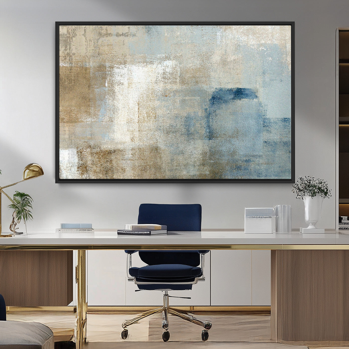 MGV-FC-36X24 - Abstract Blue and Beige Wall Art, Modern Minimalist Canvas Print Set, Giclee Textured Art, Large Multi-Panel Artwork for Living Room