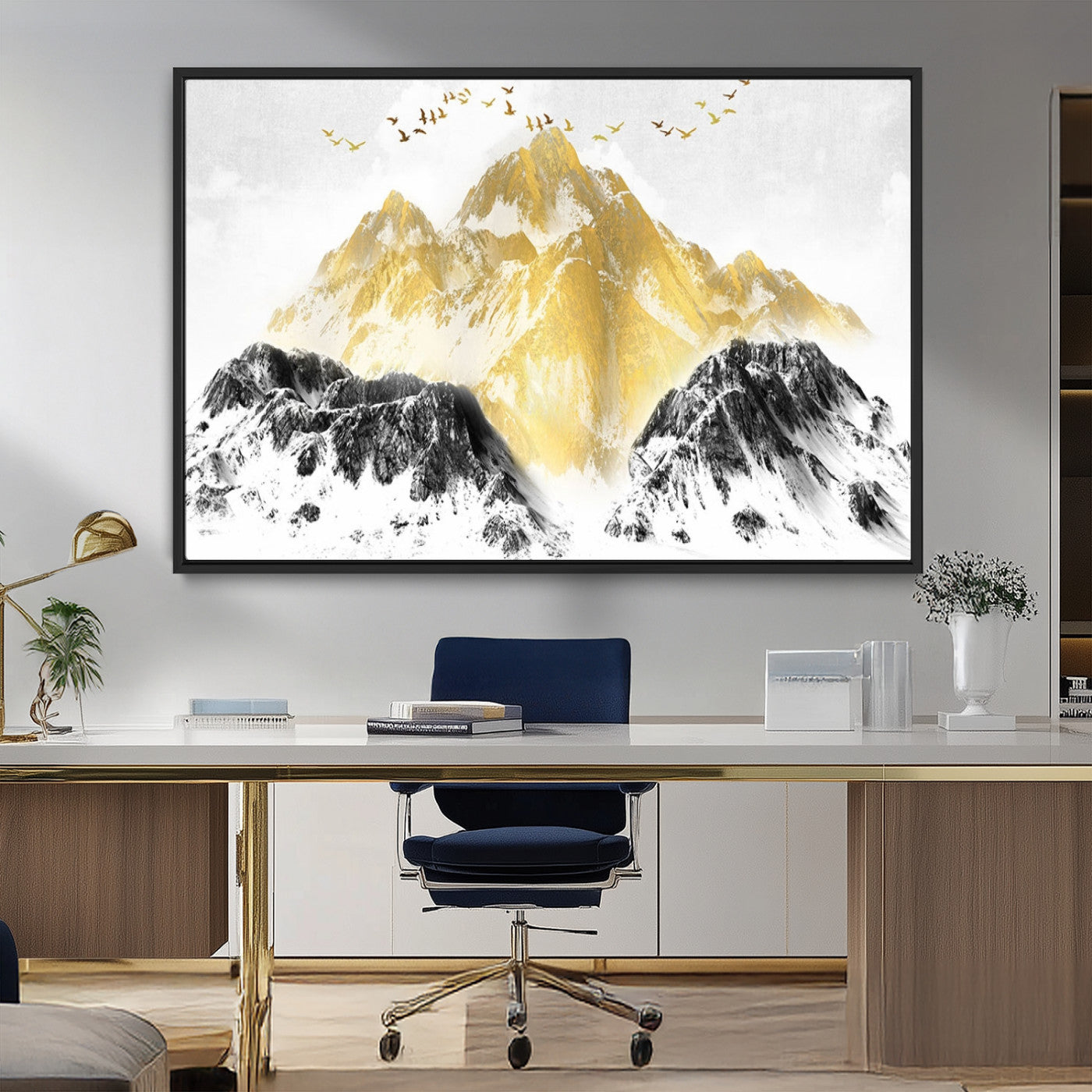 MGV-FC-36X24 - Golden Mountain Triptych Wall Art, Modern Giclee Canvas Print, Nature Landscape Decor for Living Room, Contemporary Gold and Black Wall Art