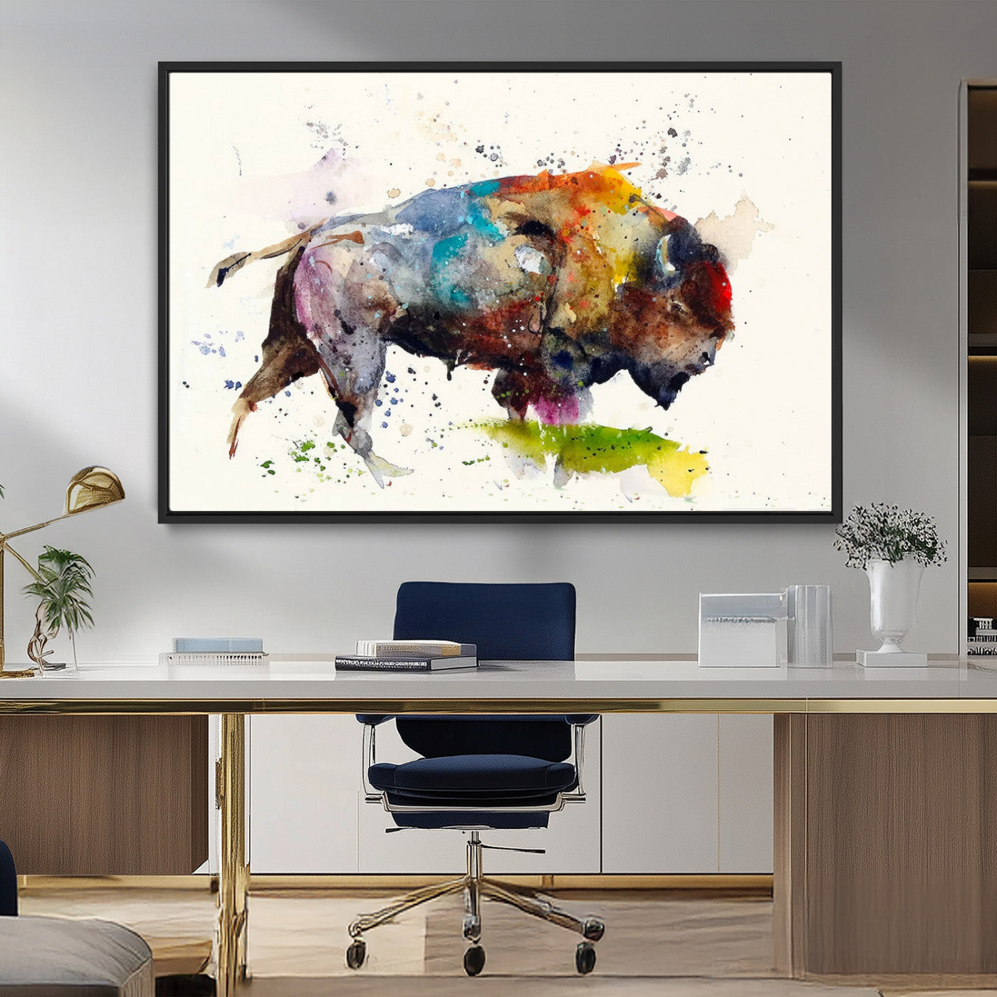 MGV-FC-36X24 - Abstract Buffalo Wall Art, Western Watercolor Bison Canvas Print, Rustic Buffalo Art for Cowboy and Western Decor, Large Multi-Panel Giclee Canvas