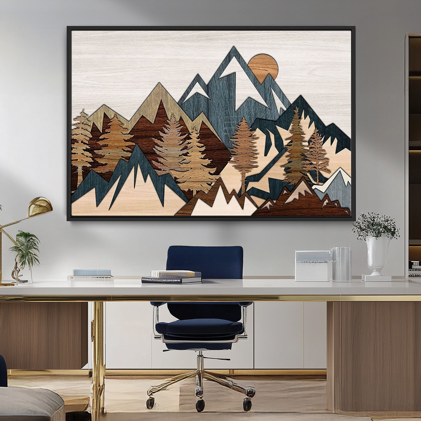 MGV-FC-36X24 - Woodland Mountain Landscape Triptych, Giclee Canvas Art for Modern Home, Rustic Wooden Nature Wall Art, Large Mountain and Tree Canvas for Living Room