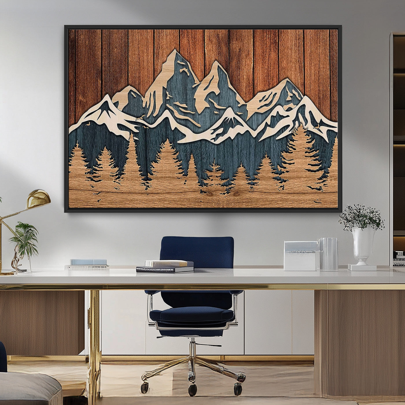 MGV-FC-36X24 - Rustic Wood Style Mountain Wall Art, Nature Forest Canvas Print, Wooden Textured Mountain Artwork, Handcrafted Landscape Decor for Farmhouse Decor