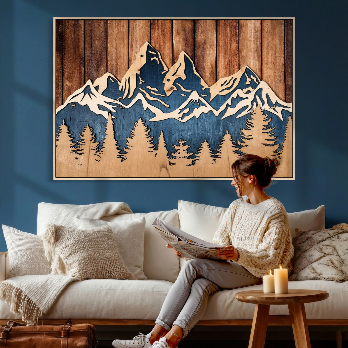 41330-MGV-CV-36X24 - Rustic Wood Style Mountain Wall Art, Nature Forest Canvas Print, Wooden Textured Mountain Artwork Print
