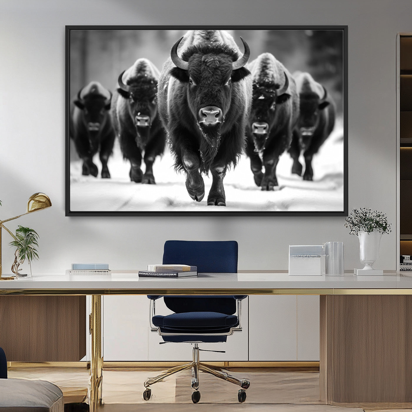 MGV-FC-36X24 - American Bison Art | Buffalo Herd Wall Art Canvas Print, BW American Bison Herd Wall Art Canvas Print
