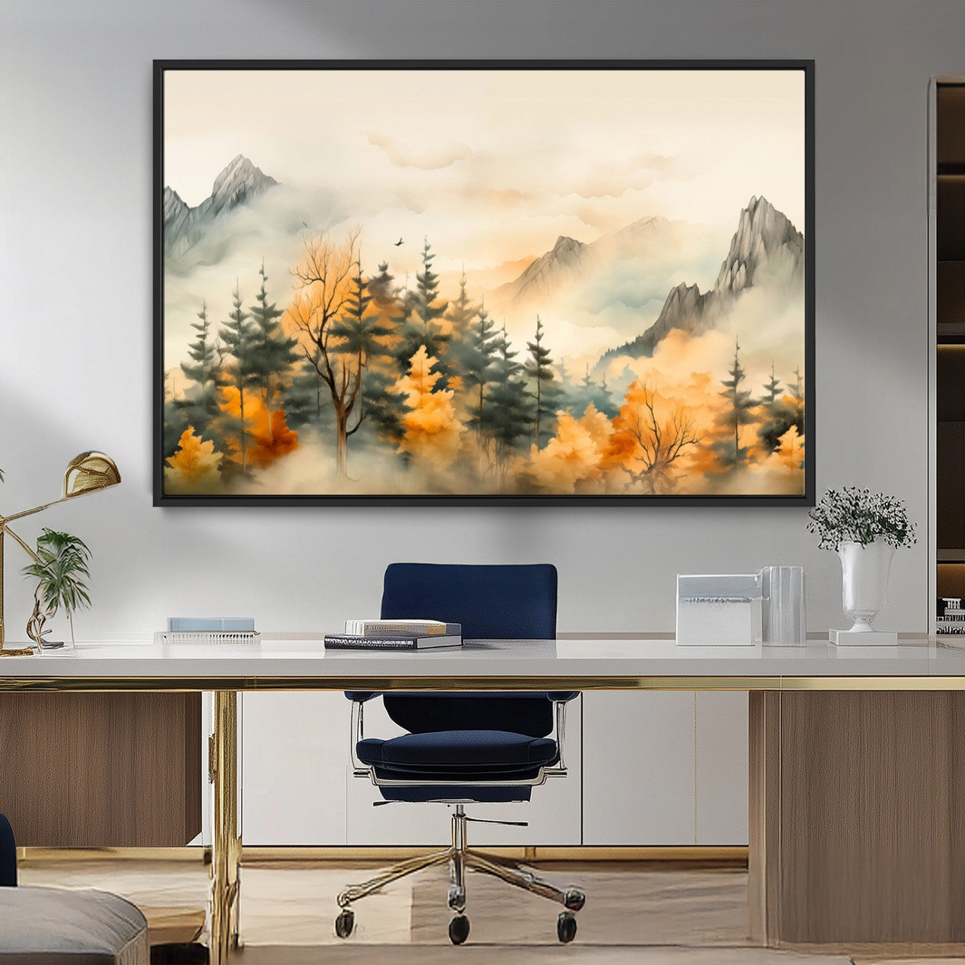 MGV-FC-36X24 - Abstract Watercolor Mountains and Trees Autumn Art, Watercolor Mountains and Trees Canvas Print
