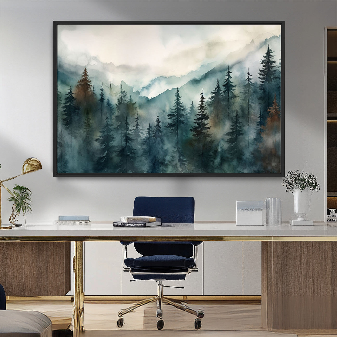 48468-MGV-FC-36X24_Black-Serenity Forest Wall Art Canvas | Foggy Mountain Landscape Canvas Print for Living Room or Office | Nature-Inspired Woodland Decor