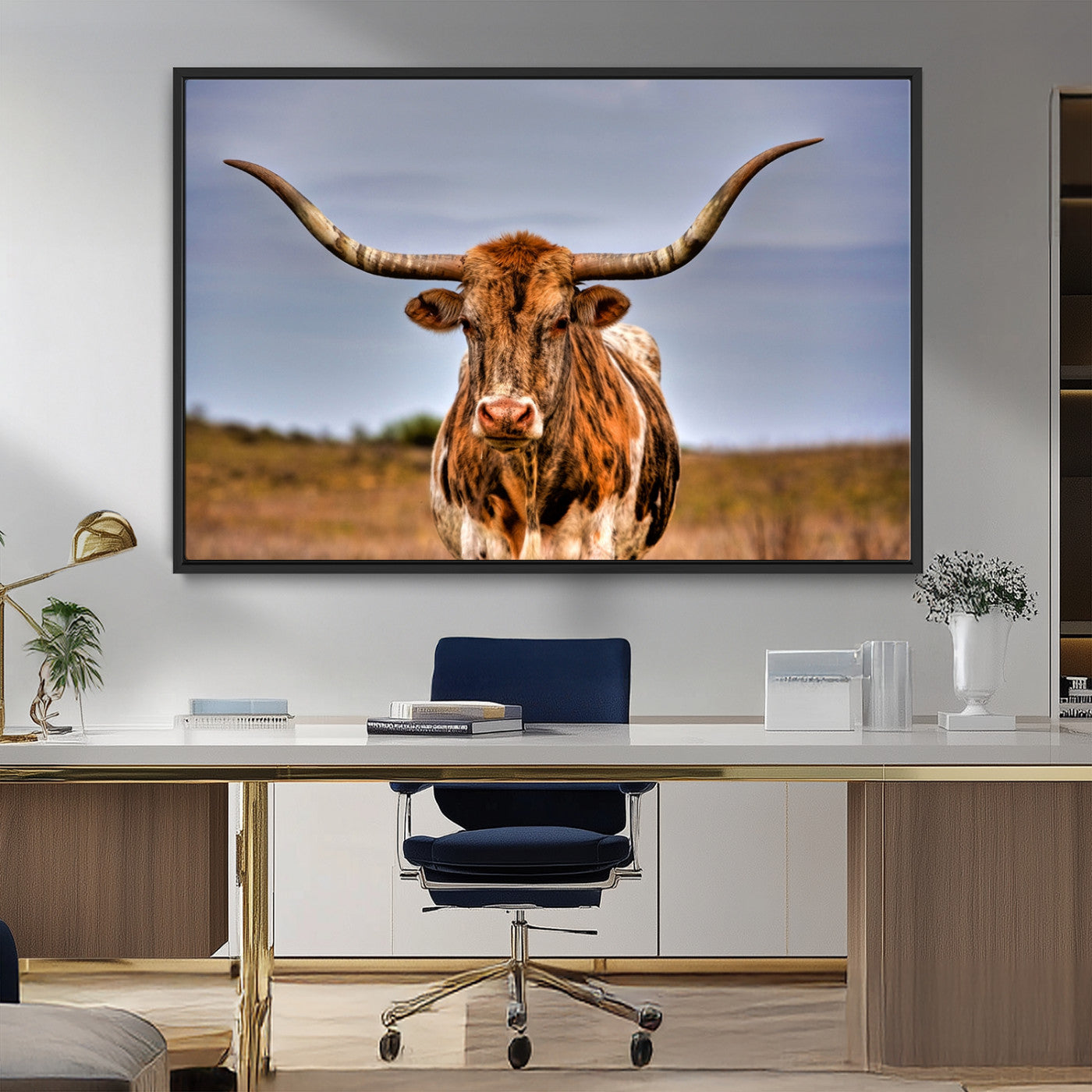 18594-MGV-FC-36X24_Black-Texas Longhorn Wall Art Print, Framed Longhorn Cow Wall Art