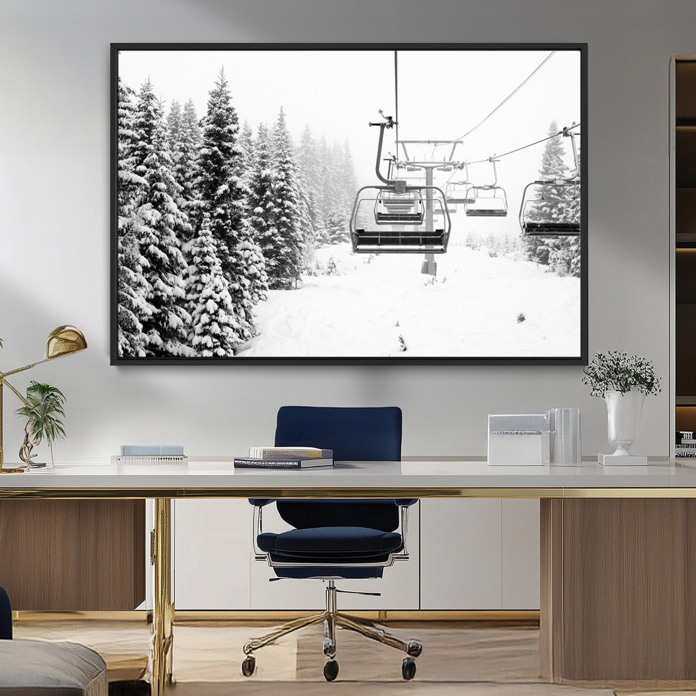 MGV-FC-36X24 - Winter Forest Wall Art Canvas Print, Framed Snowy Forest Art Picture Print, Winter Ski Lift Perfect