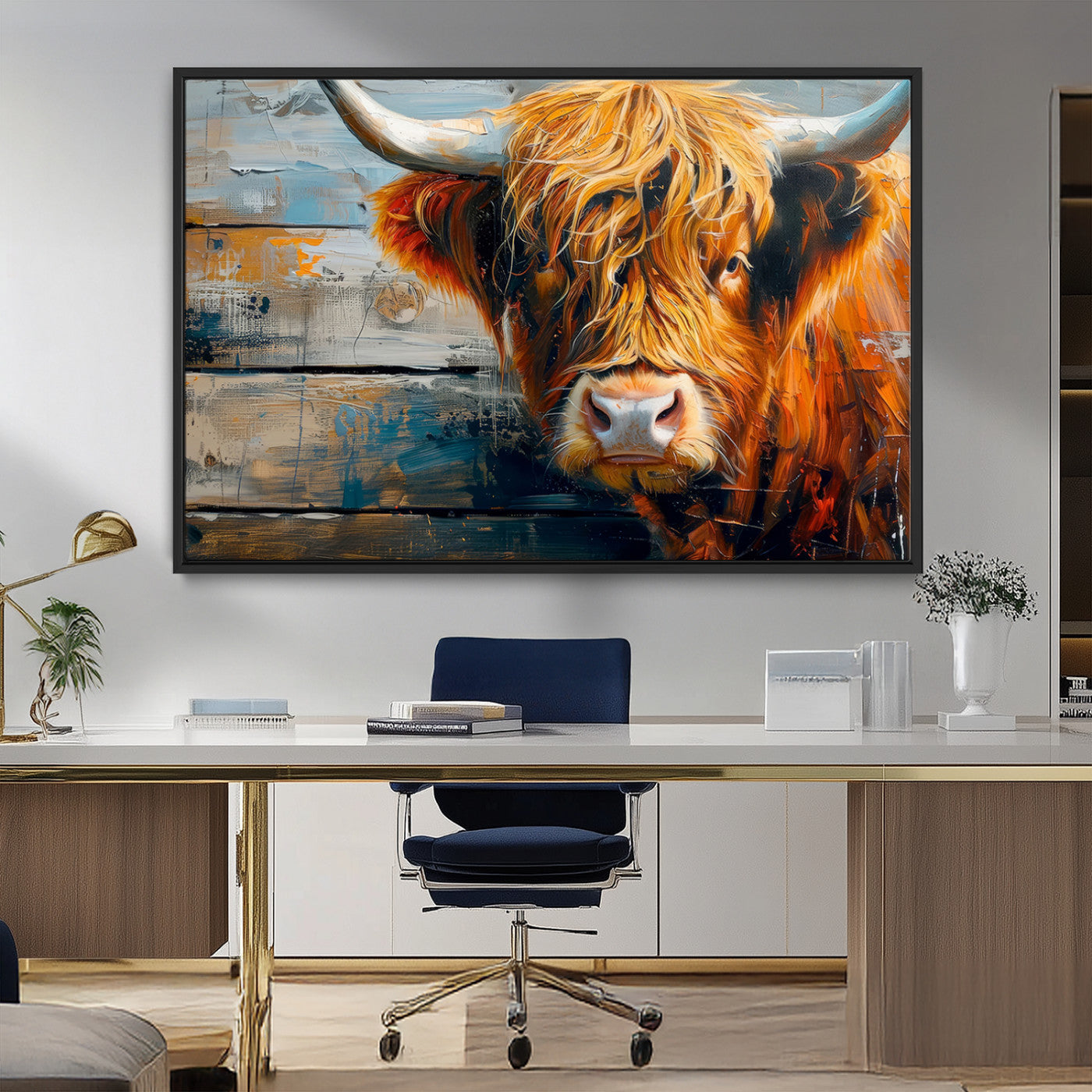 92312-MGV-FC-36X24_Black-Highland Cow Abstract Canvas Wall Art – Bold Farmhouse Rustic Decor – Ready to Hang