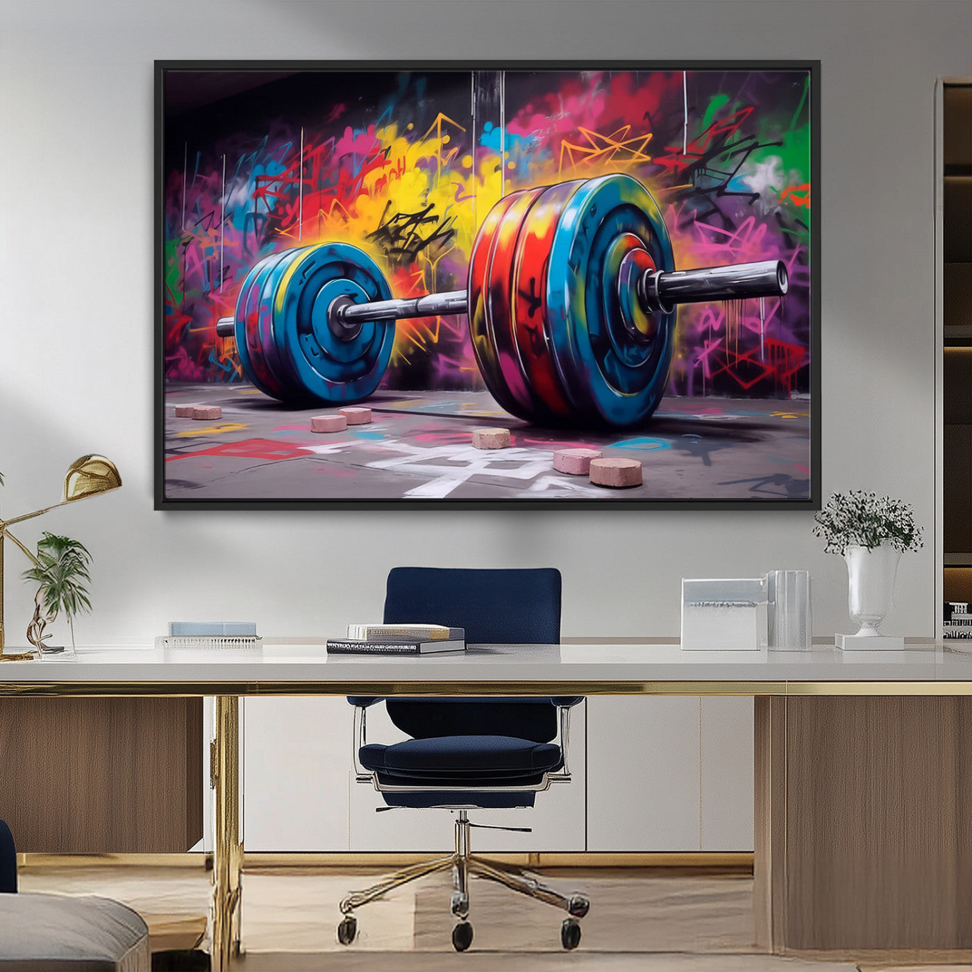 MGV-FC-36X24 - Abstract Graffiti Barbell Canvas Wall Art – Urban Fitness Meets Bold Street Art Print - Gym Wall Art Print