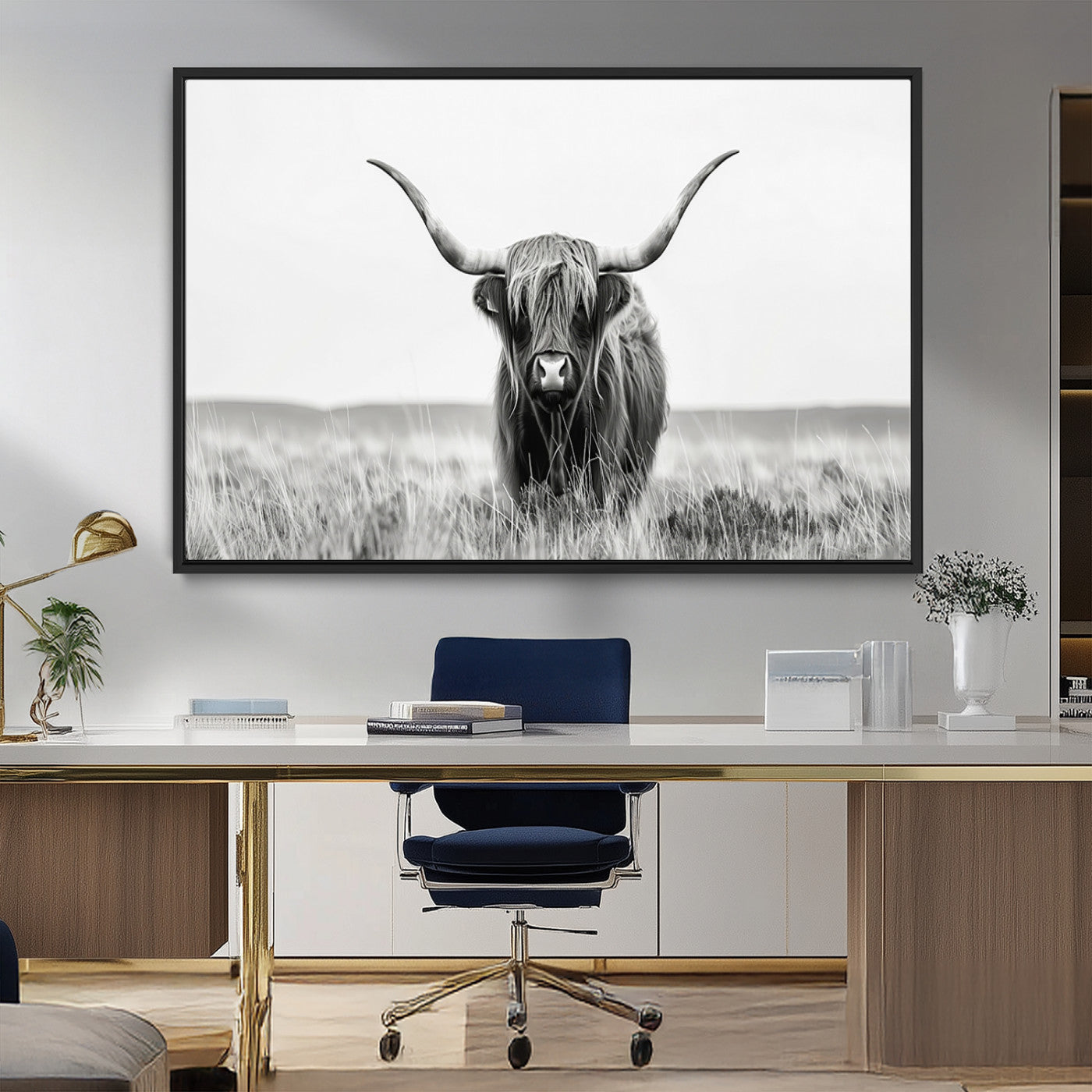 MGV-FC-36X24 - Highland Cow Canvas Wall Art – Majestic Beauty in Black and White