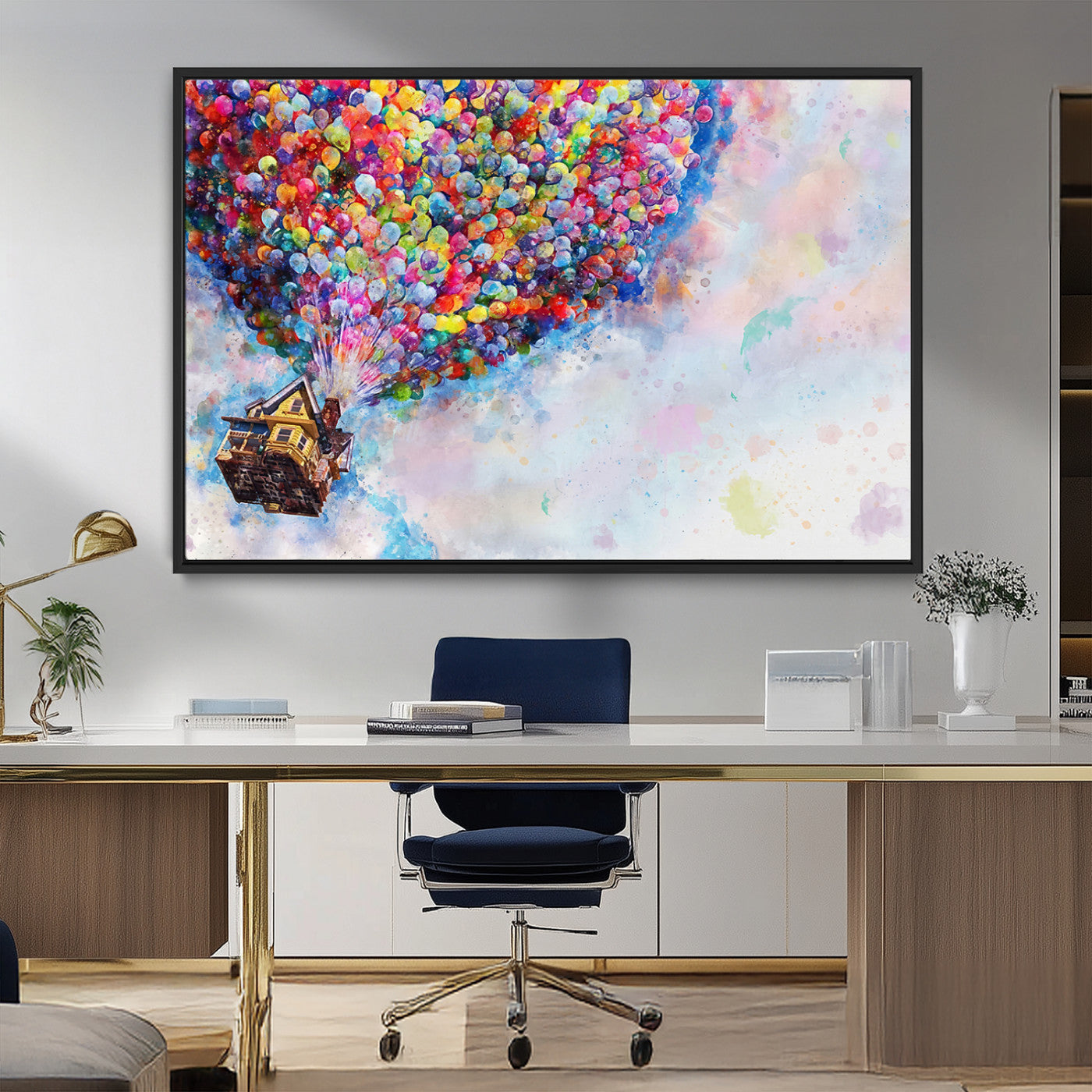 MGV-FC-36X24 - Don't Look Up Movie Canvas Wall Art - Vibrant Floating House and Balloons Scene, Tribute to Iconic