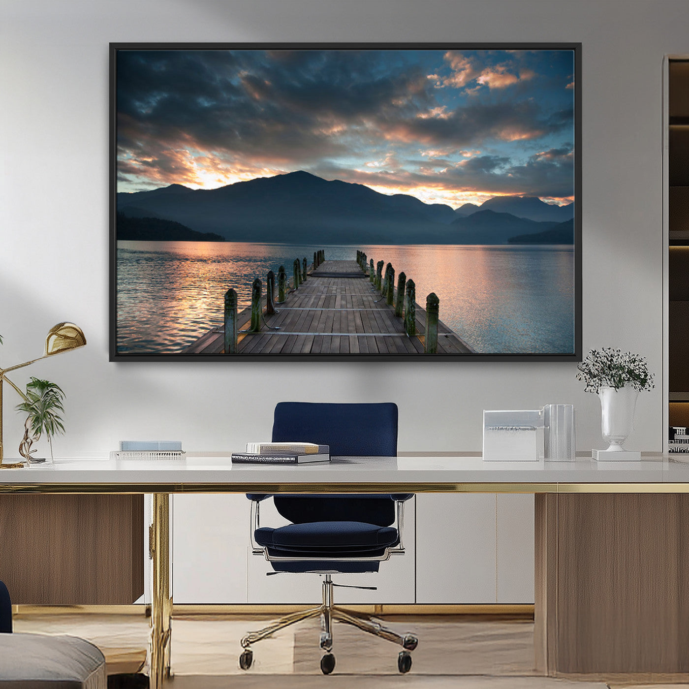 MGV-FC-36X24 - Mountain Lake Wood Pier Canvas Wall Art Nature Lake Print