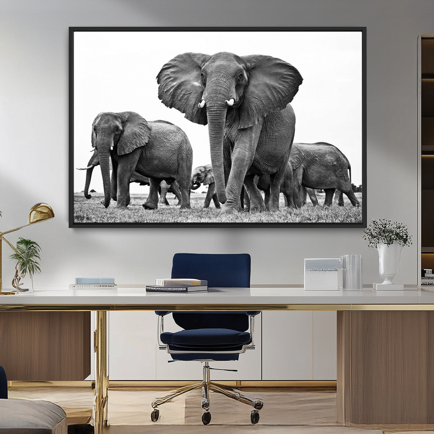 MGV-FC-36X24 - Black White Elephant Family Wall Art Canvas Print