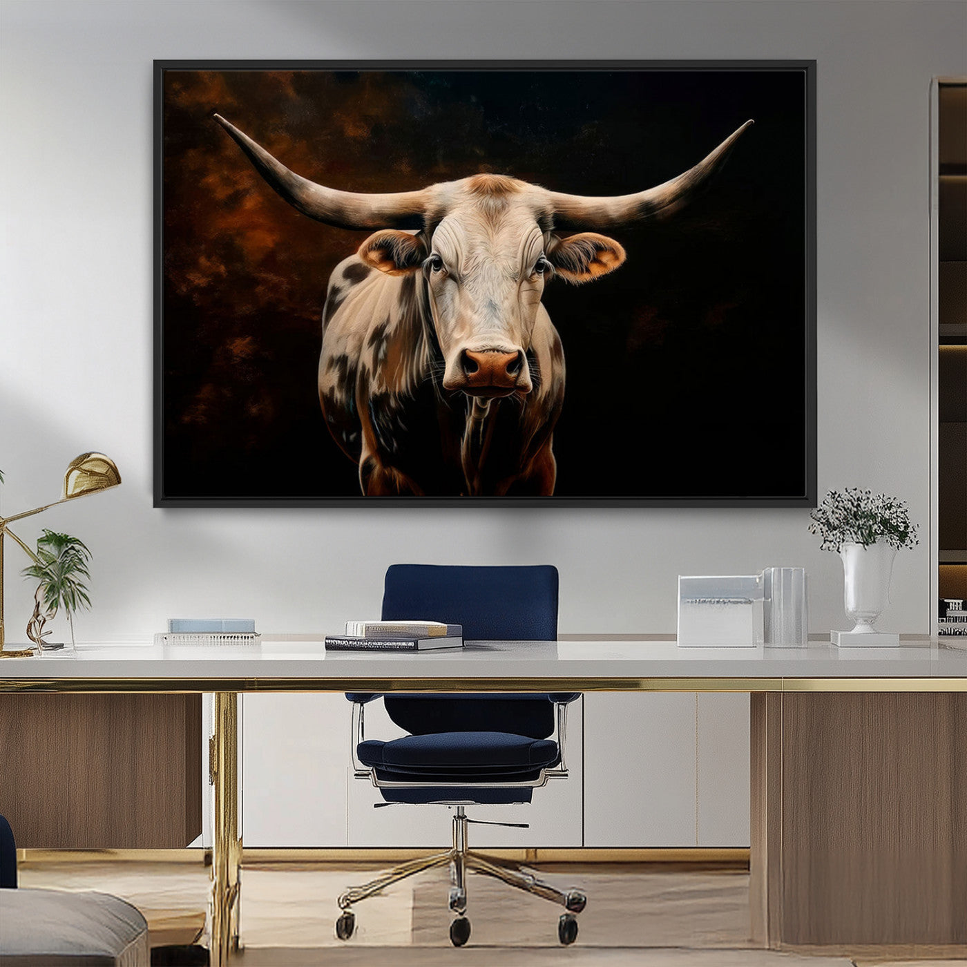 MGV-FC-36X24 - Texas Longhorn Wall Art | 3-Panel Large Texas Longhorn Canvas Print for Living Room, Office, or Farmhouse Decor | Framed Giclee Longhorn Wall Art