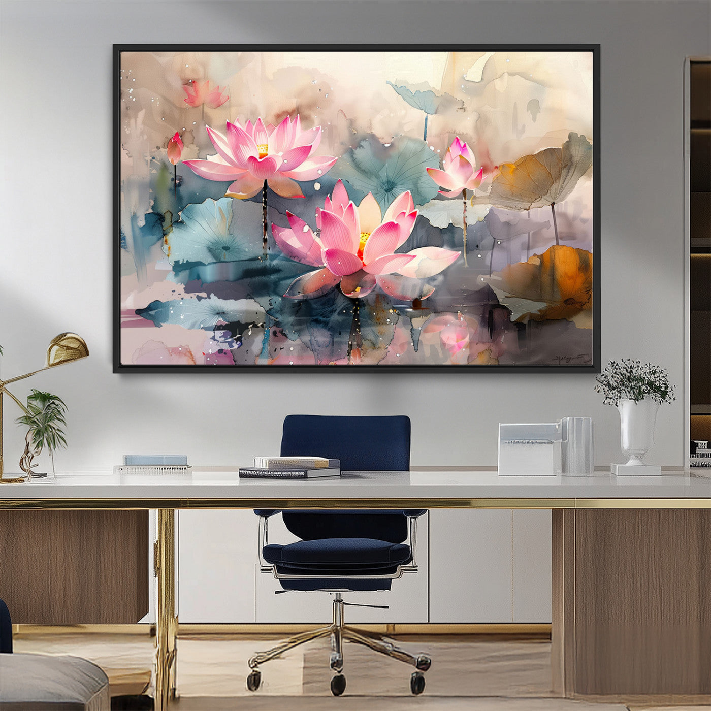 MGV-FC-36X24 - Lotus Flower Wall Art | 3-Panel Giclee Canvas Print of Pink Lotus Blossoms for Living Room, Bedroom, Office | Framed Lotus Floral Wall Art Decor Print