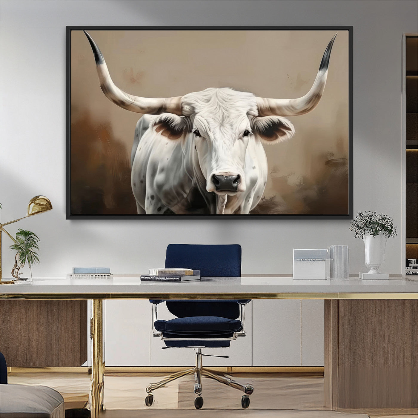 61423-MGV-FC-36X24_Black-White Longhorn Bull Wall Art Canvas Print – Framed and Ready to Hang – Perfect for Farmhouse and