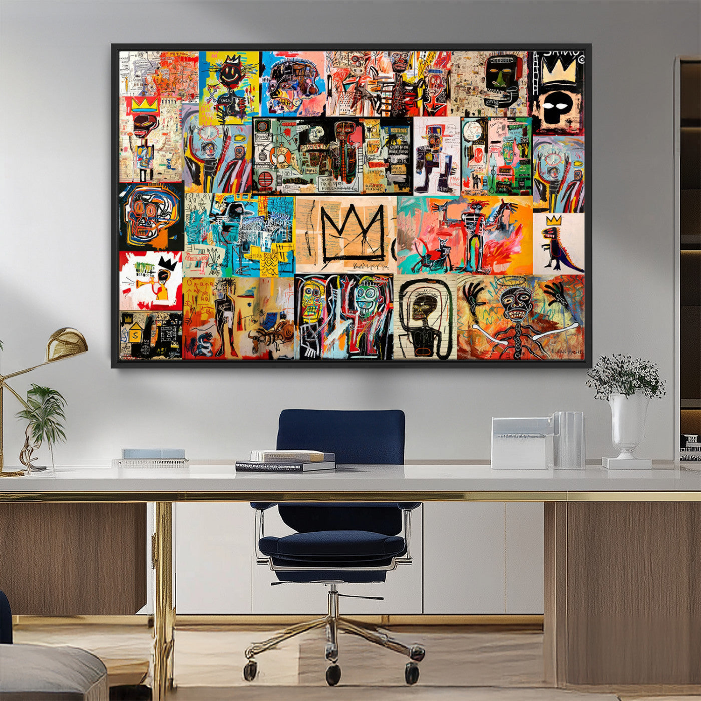 MGV-FC-36X24 - Basquiat Art Collage Wall Art Canvas Print – Framed, Ready to Hang, Urban Graffiti Style