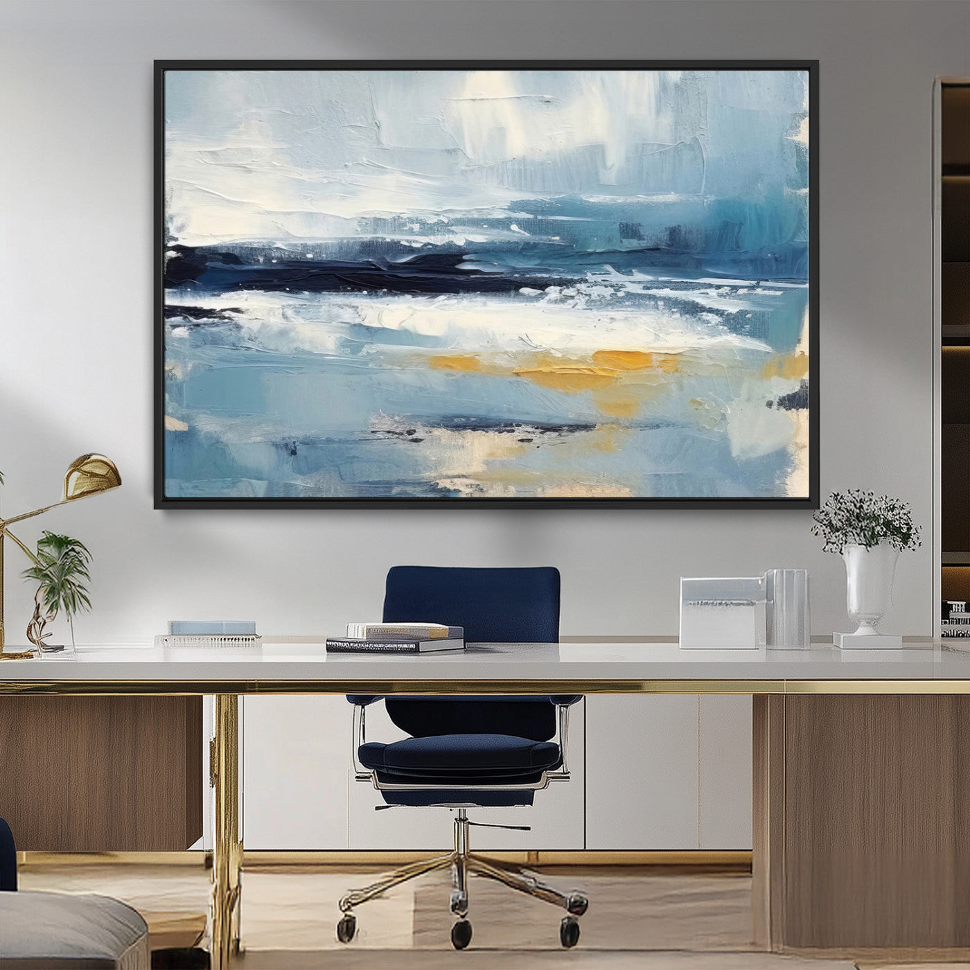 MGV-FC-36X24 - Abstract Ocean Canvas Wall Art - Coastal Blue and Gold Textured Painting, Modern Seascape Decor for Living Room Decor