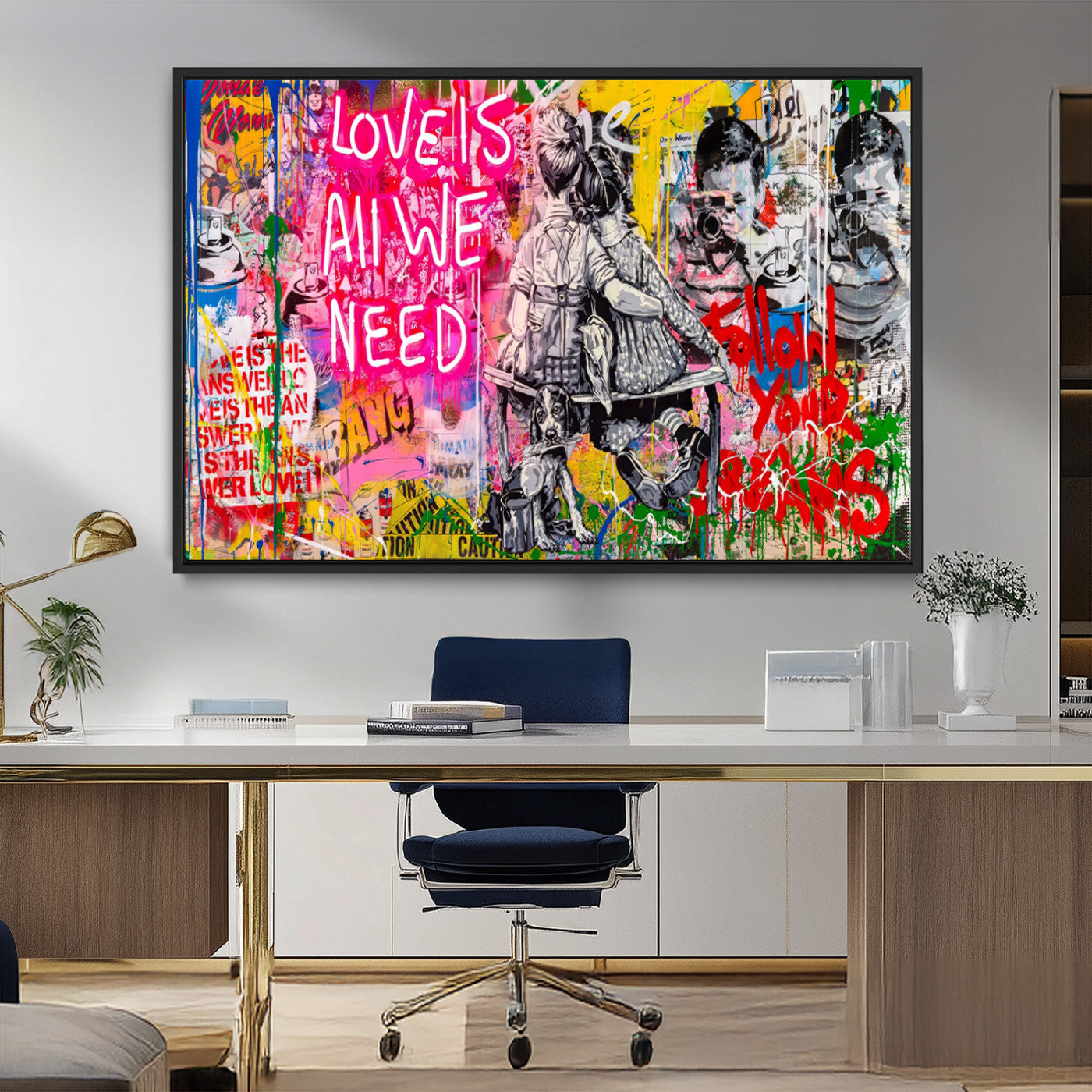 MGV-FC-36X24 - Follow Your Dreams & Love is All We Need Graffiti Street Art Triptych | 3-Panel Colorful Urban Wall Art for Living Room, Office, Loft Graffiti Wall Art Print